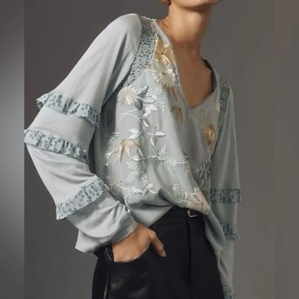 Anthropologie Tiny Frances
long sleeve ruffle floral embroidered blouse NWOT - Picture 1 of 5